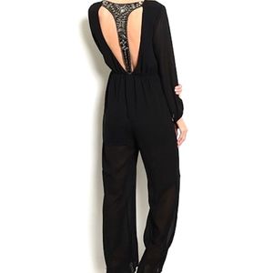 Long Sleeve Wide Leg Embellished T Back Jumpsuit